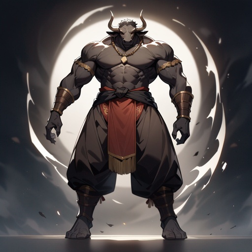 monk male minotaur, whiter skin, no human face, with longer horns, full body 