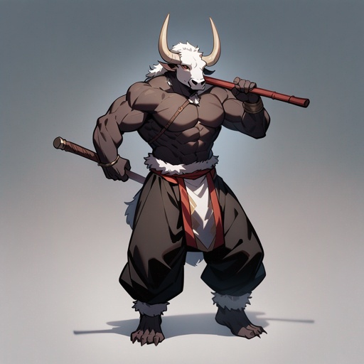 monk male minotaur, whiter skin, no human face, with longer horns, full body, one prostetic hand, using a Bo stick, 
