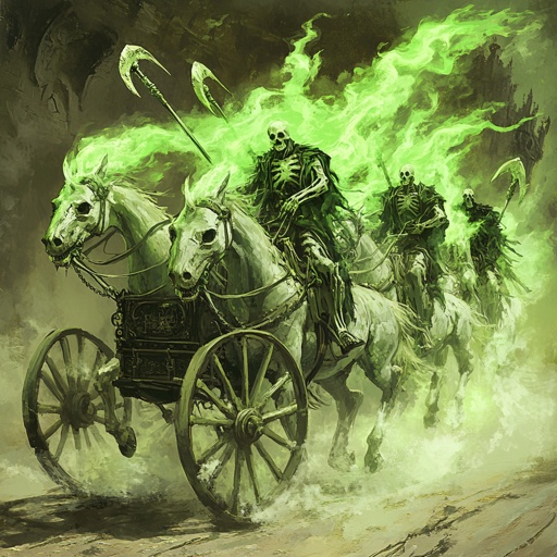 Vehicle: Necromancer's bone chariot pulled by skeletal horses, ghostly green flames, scythe wheels, trailing spirits behind --v 6.1