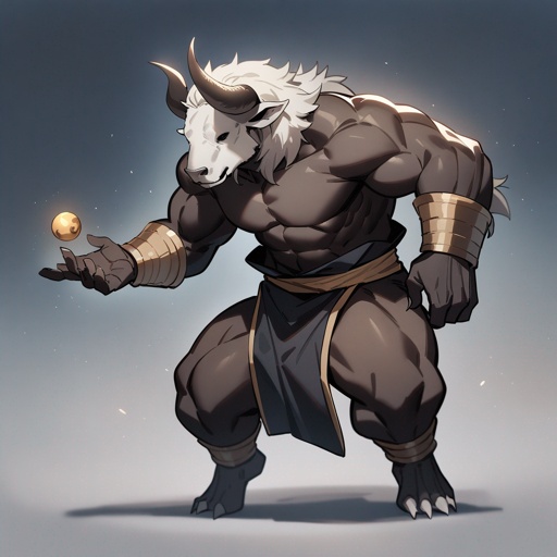 monk male minotaur, whiter skin, no human face, with longer horns, full body, one prostetic hand, using a Bo, 