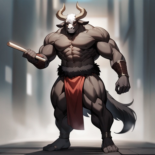monk male minotaur, whiter skin, no human face, with longer horns, full body, one prostetic hand, using a Bo stick, 