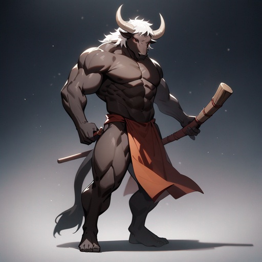 monk male minotaur, whiter skin, no human face, with longer horns, full body, one prostetic hand, using a Bo stick, 